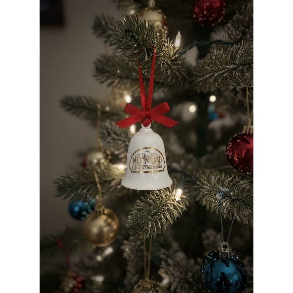Vintage Hallmark 1983 Ceramic Mom & Dad Christmas‎ Bell Ornament With Red Ribbon